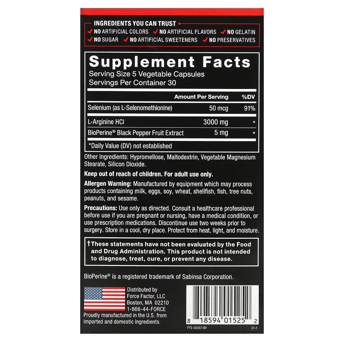 Force Factor L-Arginine 3,000 mg 150 Capsules 600 mg per Capsule EXP July 2027