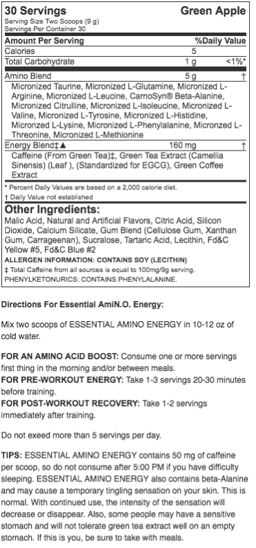 Optimum Nutrition Essential AmiN.O. Energy (270 Grams) 30 Servings - NutriFirst Pte Ltd