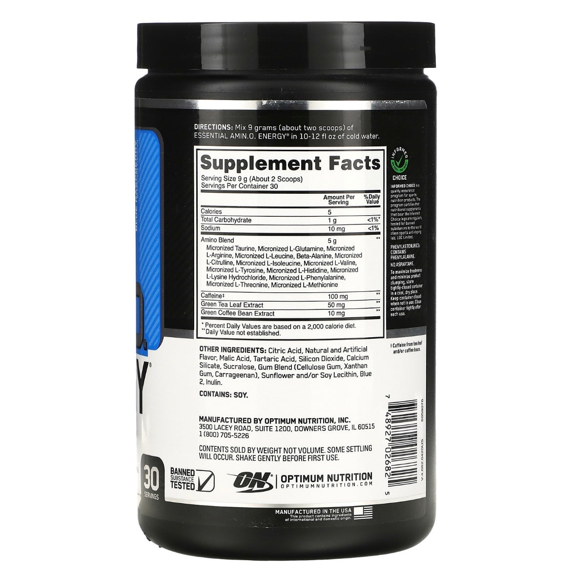 Optimum Nutrition Essential AmiN.O. Energy (270 Grams) 30 Servings Blue Raspberry EXP Mar 2025 - NutriFirst Pte Ltd