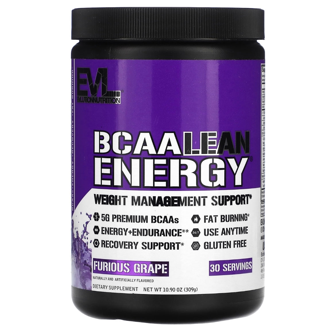 EVLution Nutrition BCAA LEAN ENERGY 10.69-11.32 oz (303-321 g) Furious Grape EXP Aug 2024 - NutriFirst Pte Ltd