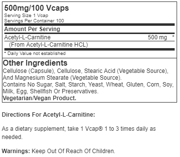 NOW Acetyl L-Carnitine 500mg (100 Vcaps) - NutriFirst Pte Ltd