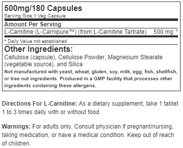 NOW L-Carnitine 500mg (180 Vcaps) - NutriFirst Pte Ltd